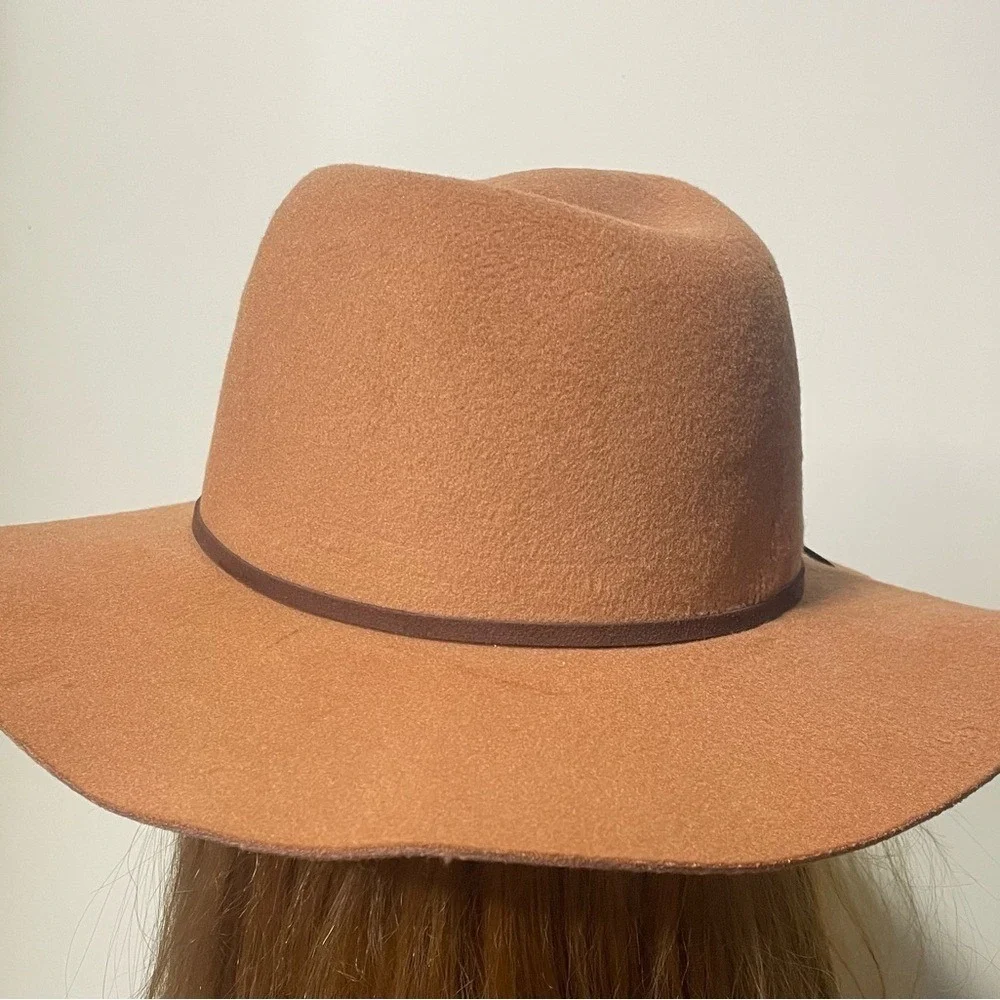 Womens Tan Felt Wide Brim Hat with Brown Ribbon Bow‎ One Size Fits Most